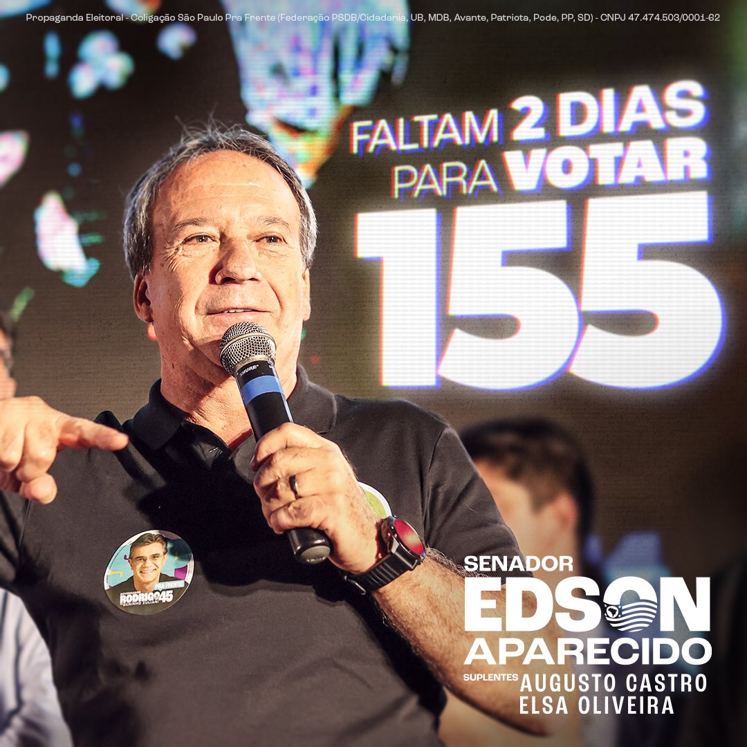 Faltam apenas 2 dias para votar 1️⃣5️⃣5️⃣✅ 
para o Senado! Edson Aparecido, o senador da Saúde.
Vote em quem tem propostas e vai defender São Paulo lá em Brasília. 

#Vote155 #EdsonSenador155 #EdsonPraDefenderSP #SPPraFrente