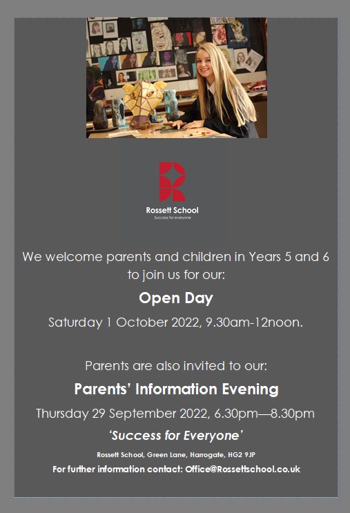 Rossett's tweet photo. We are looking forward to welcoming you and your child to our Open Day, tomorrow 9:30-12:00. Come and experience our excellent curriculum offer and find out how we achieve 'success for everyone' https://t.co/MMmrND4DDL