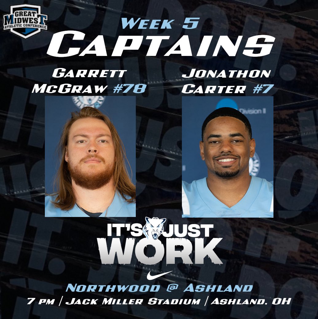 Northwoodfball's tweet photo. Your week 5 captains for our business trip down to Ashland are senior OL Garrett McGraw from Clio, MI and senior CB Jonathon Carter from Farmington, MI! See everyone under the lights tomorrow at 7pm at Jack Miller Stadium! #ItsJustWork 💼 #RollTimbys 🐺 https://t.co/JR7Cd9dZ20