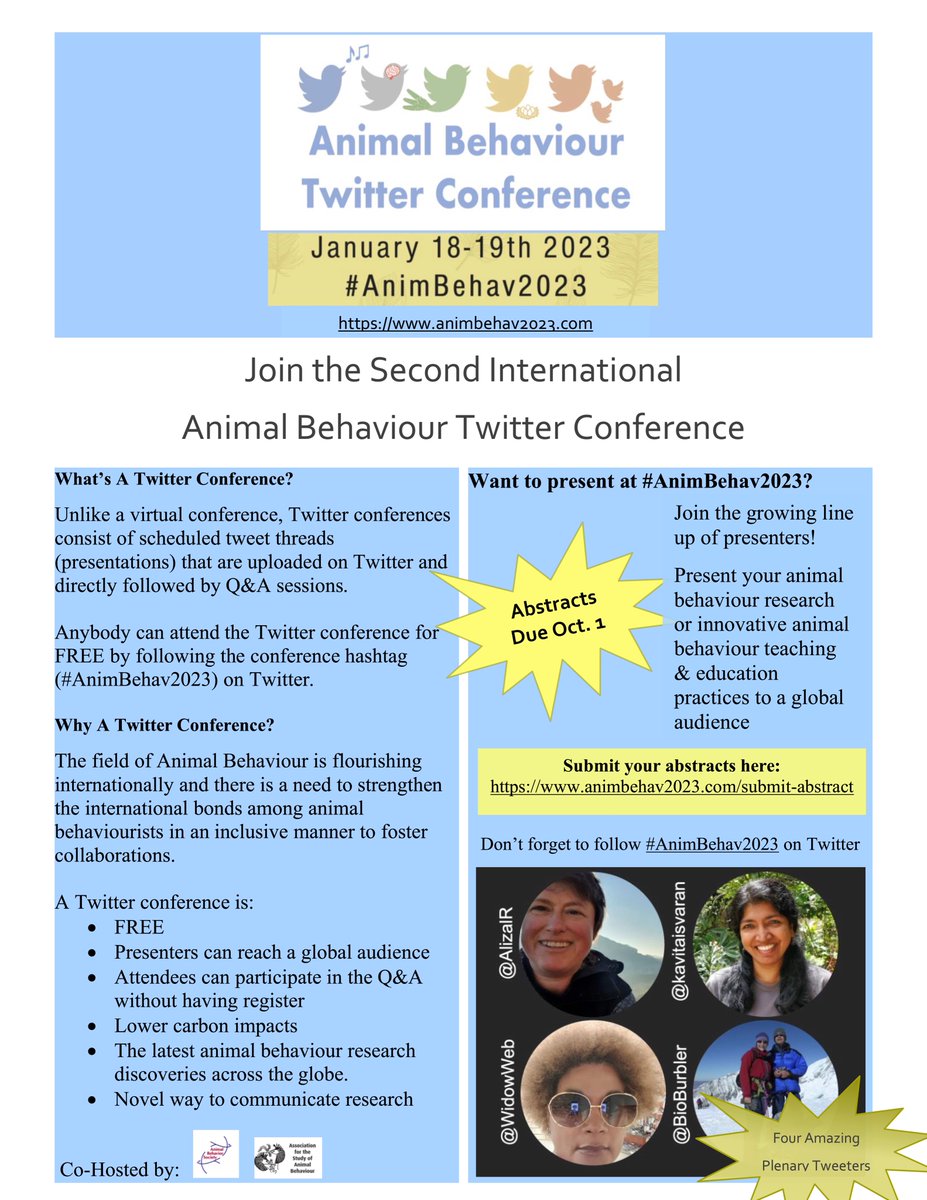 Last weekday before the abstract submission deadline for the 2nd Global Animal Behaviour Twitter Conference  #AnimBehav2023. Submit abstracts by October 1st here: animbehav2023.com/submit-abstract 
#STEMeducation #NativeInSTEM #BLACKINSTEM #LATINXINSTEM #DisabledinSTEM #IndigenousInSTEM
