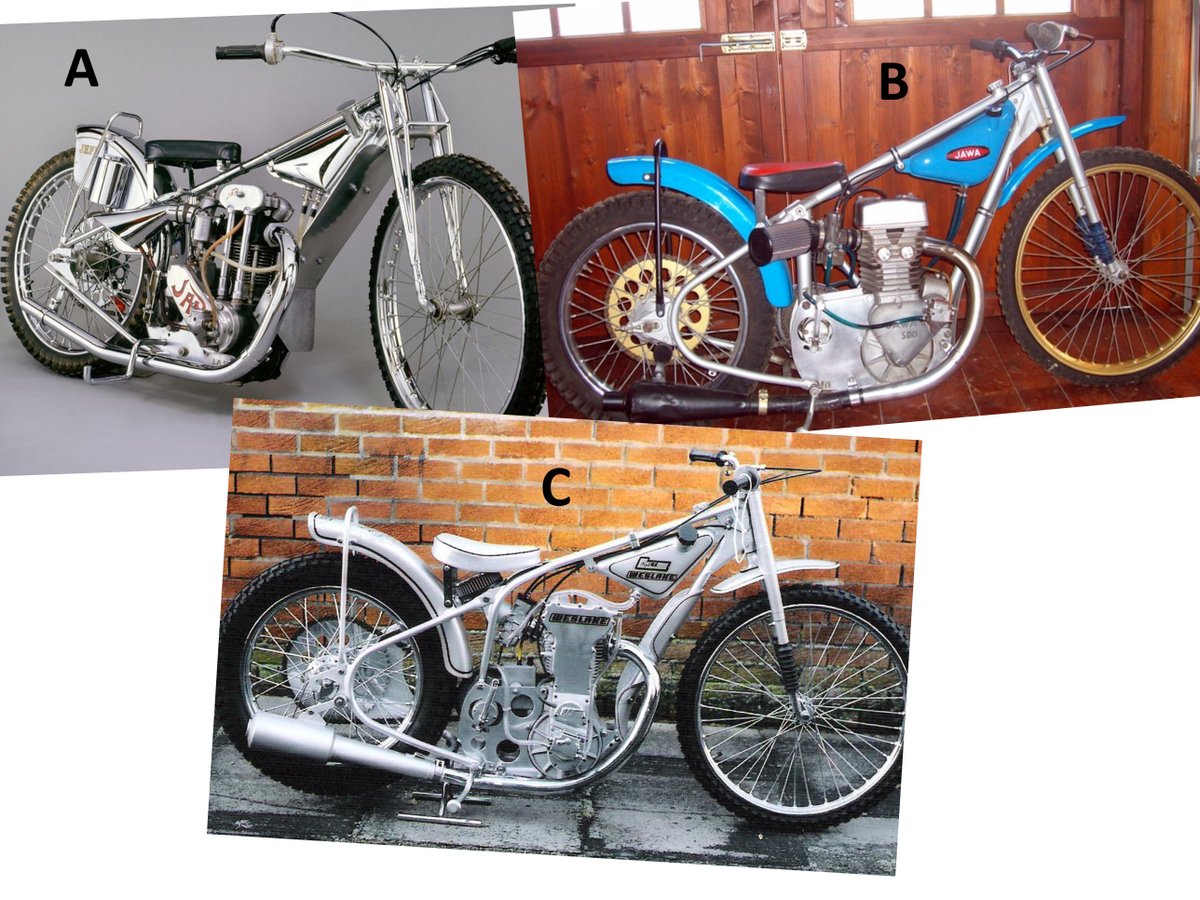 UprightSpeedway's tweet photo. We're at the semi final stage of #UprightOfTheWeek now. Things are hotting up 🔥 
Nine heat winners go into three semi finals, winner of each semi goes through to the Grand Final.

Semi final 1:
A. Shiny JAP
B. Jawa DT500
C. Weslake DOHC
Which is your favourite? https://t.co/yOcorVwFPI