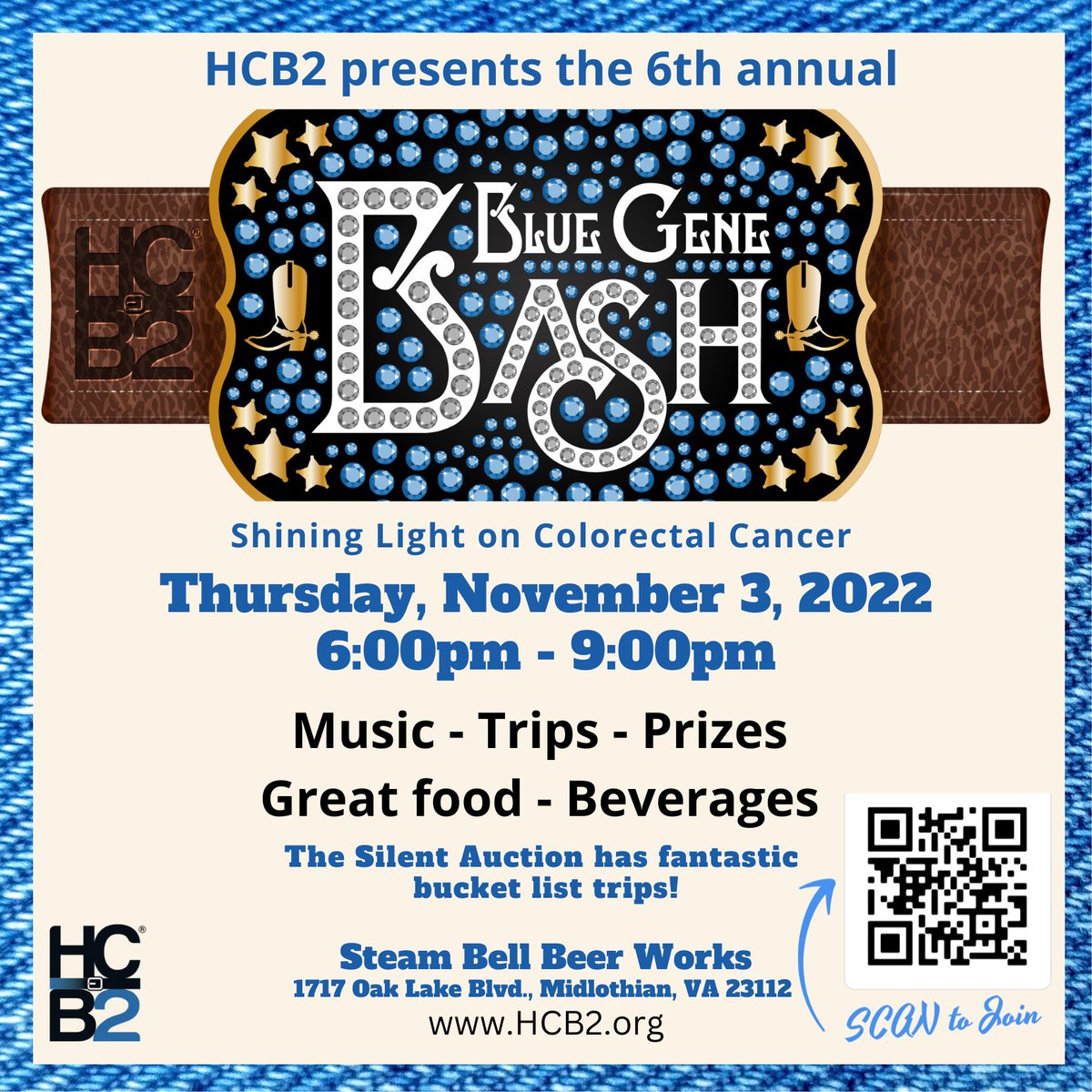 Support the defeat of colorectal cancer while you party, travel, win prizes, laugh, dance, &amp; hang out with friends! The Blue Gene Bash is back at <a href="/Steambellbeer/">Steam Bell</a> on Thurs. Nov 3rd! Grab a ticket, throw on the denim, &amp; join the party with a purpose! runsignup.com/TicketEvent/Bl…