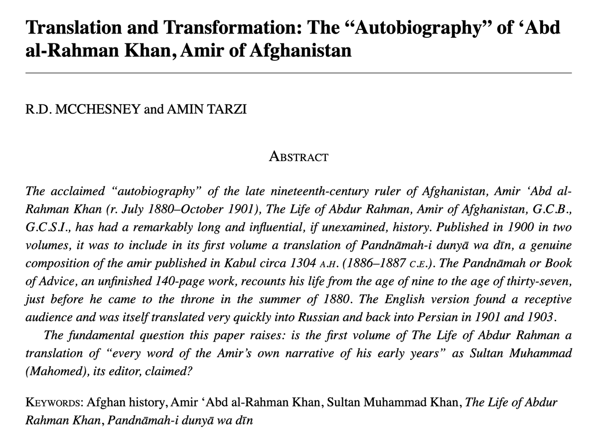 AFG_Journal's tweet image. Congratulations to R.D. McChesney and Amin Tarzi on the publication of "Translation and Transformation: The “Autobiography” of ‘Abd al-Rahman Khan, Amir of Afghanistan"
@AminTarzi1