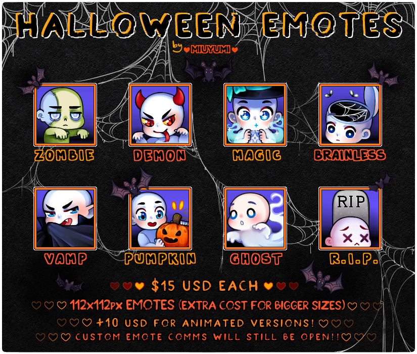 miuyumae's tweet photo. Ready for spooky season yet? 👻 

I've designed these seasonal YCH / template emotes 🦇 and they cost only 15usd each instead of my usual 20 just throughout october!! 🕸

If you're interested, don't hesitate to DM me or email me at 🍁miuyumae@gmail.com 🍂 https://t.co/Z8ZgKQItJa