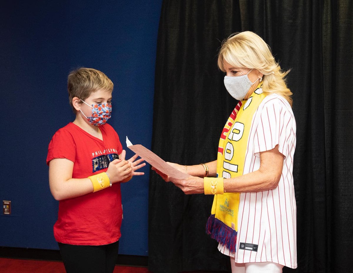 Leah T., a 4th-grade Cougar, threw out the first pitch at a recent <a href="/Phillies/">Philadelphia Phillies</a> game! She was cheered on by friends, family, &amp; Delaware's own, First Lady <a href="/DrBiden/">Dr. Jill Biden</a>, who was given a drawing of her dog "Commander." Guess who drew the picture?! #CougarPride #ClaymontCougars
