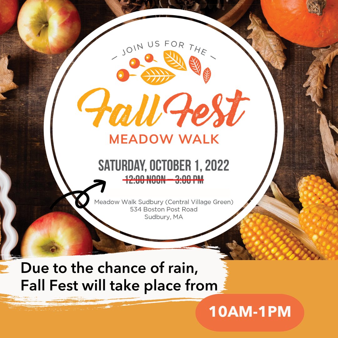 Meadow_Walk's tweet photo. Our Fall Fest is happening Sat. 10/1 from 10am-1pm (new time due to chance of rain). This event is free and open to everyone. Enjoy music, children's activities, food samples and more. See you there! https://t.co/rbUeJneyP5
