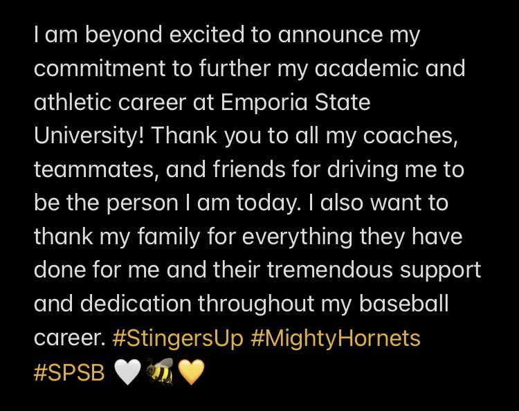 Aaron_Galli's tweet photo. Committed! 🐝🐝 @ESUBaseball @sethwheeler13 @bschwartzESU @b_nehls @MVJagBaseball @NikolausCrouch @JFloyd_30 @macnseitzkc #StingersUp #MightyHornets #SPSB https://t.co/jJvzMX7KOg
