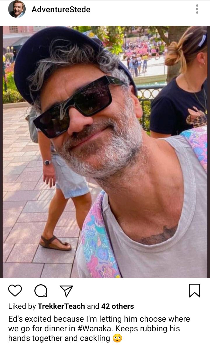 Stede's IG: Picture of Ed smiling outdoors. Caption: Ed's excited because I'm letting him choose where we go for dinner in #Wanaka. Keeps rubbing his hands together and cackling...