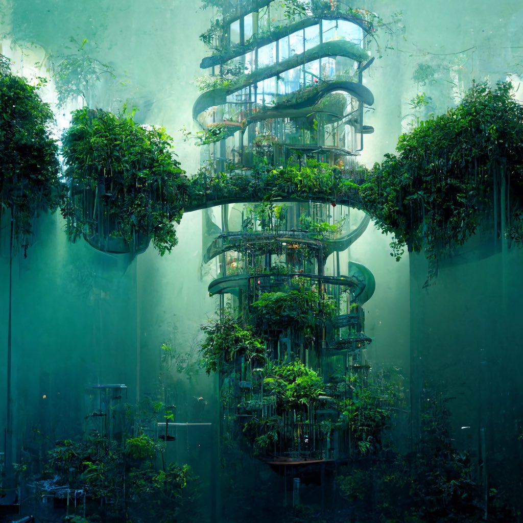 faceofanation8's tweet photo. Here’s another image the bot and I co-created on Mid-Journey with text prompts like “radical architectural engineering biophila jungle water”#ArtificialIntelligence #midjourneyaiart #flyingtooclosetothesun #architecture https://t.co/bMMBqpbEoK