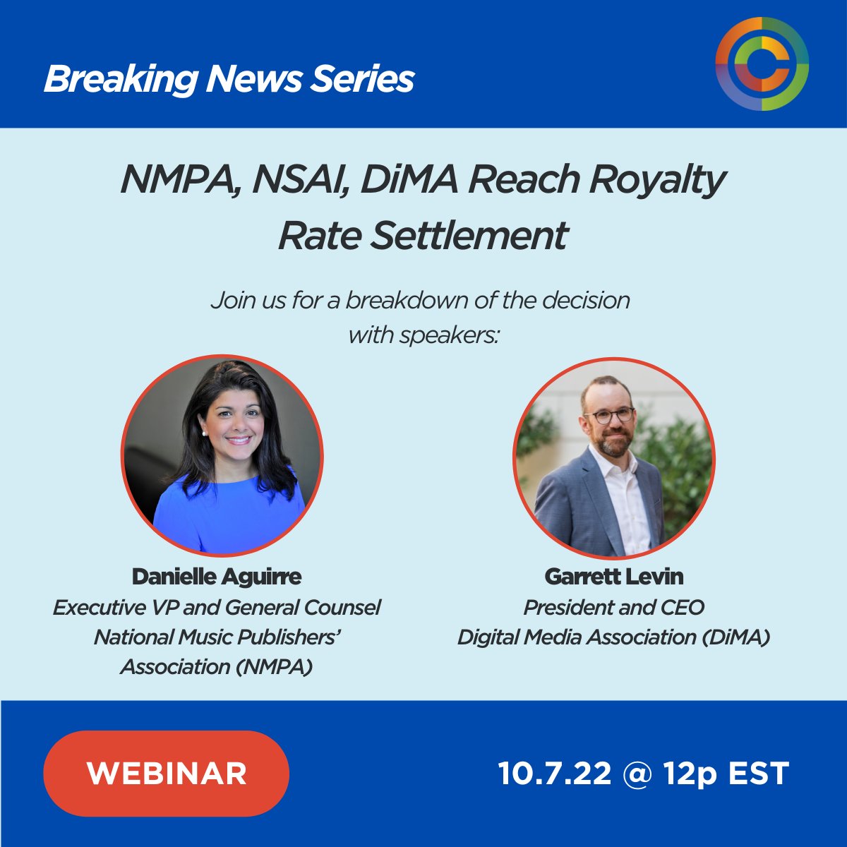 Breaking news! @NMPAorg @digitalmediausa & @NSAIofficial Reach Historic Agreement Setting New Royalty Rate for Songwriters and Music Publishers. Join us on 10/7 for a discussion on this #historic deal. Register at bit.ly/3rgdbQB #CopyrightLaw #RoyaltyRates #CSUSA