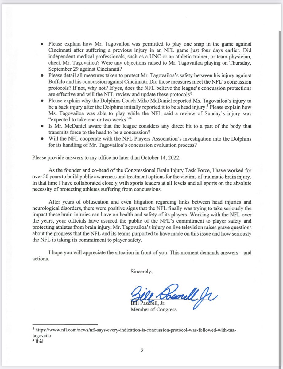Today I’ve written to NFL commish Roger Goodell and Dolphins owner Stephen Ross demanding answers about the concussion to <a href="/Tua/">Tua. T 🇦🇸</a> days after he had another injury. As head of Congress’s Brain Injury Task Force I want to know how the hell he was on the field last night.
