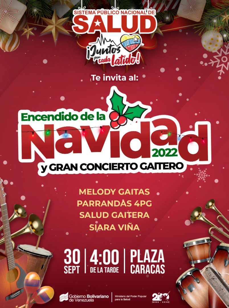 MagaGutierrezV's tweet photo. Concierto y encendido de la Navidad de nuestro Sistema Público Nacional de Salud hoy viernes en la Plaza Caracas a partir de las 4:00 pm. Llegó la alegría de la Navidad! #juntosporcadalatido❤️ 

@ConCiliaFlores @NicolasMaduro @MinSaludVE @Somosivss https://t.co/FdqOJkfUMO