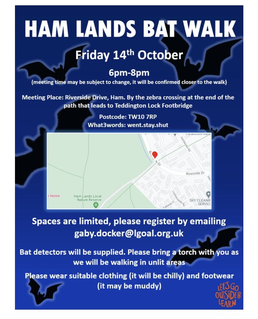 Ham lands #bat #walk Friday 14th October pre book essential <a href="/habsandheritage/">Habitats & Heritage</a> <a href="/HamUnitedGroup/">Ham United Group HUG</a> <a href="/FriendsRivCrane/">FORCE</a> <a href="/HamUnitedGroup/">Ham United Group HUG</a> <a href="/ham_lands/">Friends of Ham Lands</a> <a href="/LBRUT/">Richmond Council</a> <a href="/Visit_Richmond1/">VisitRichmond</a> <a href="/TeddingFam/">Teddington Families</a> <a href="/TeddingtonNub/">Teddington Nub News</a>