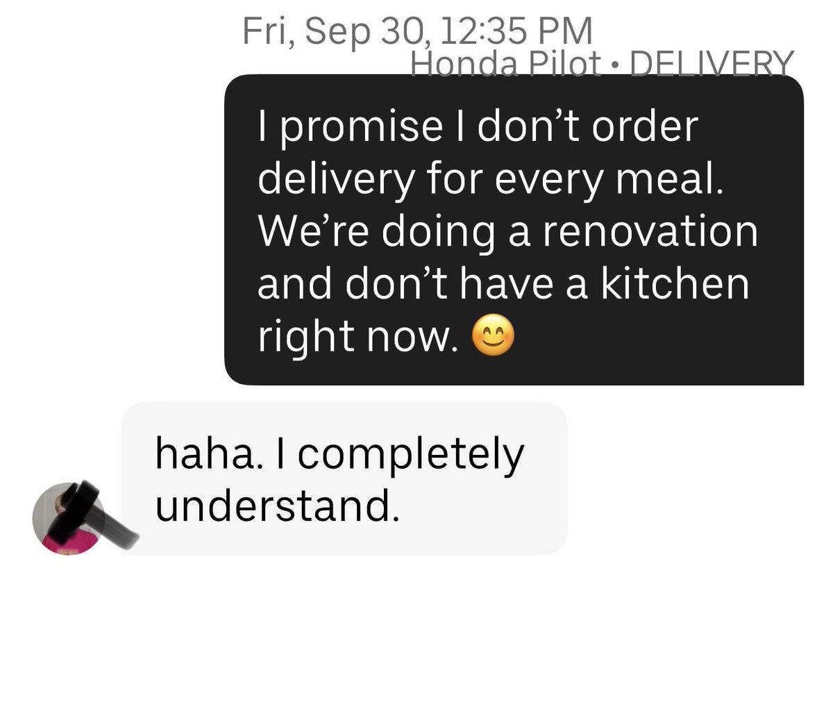 GMcCallButler's tweet photo. Same driver picked up my lunch order today as dinner order last night. Felt the need to clarify… https://t.co/tmcrDm2H31