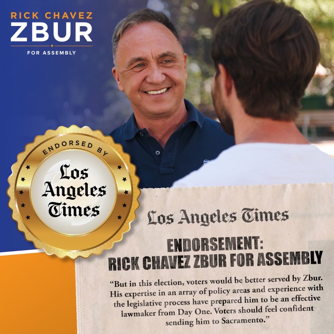 RickChavezZbur's tweet photo. So proud to receive the endorsement today of ⁦@latimes⁩ in my race for California Assembly District 51. https://t.co/p8i0ohUzIv