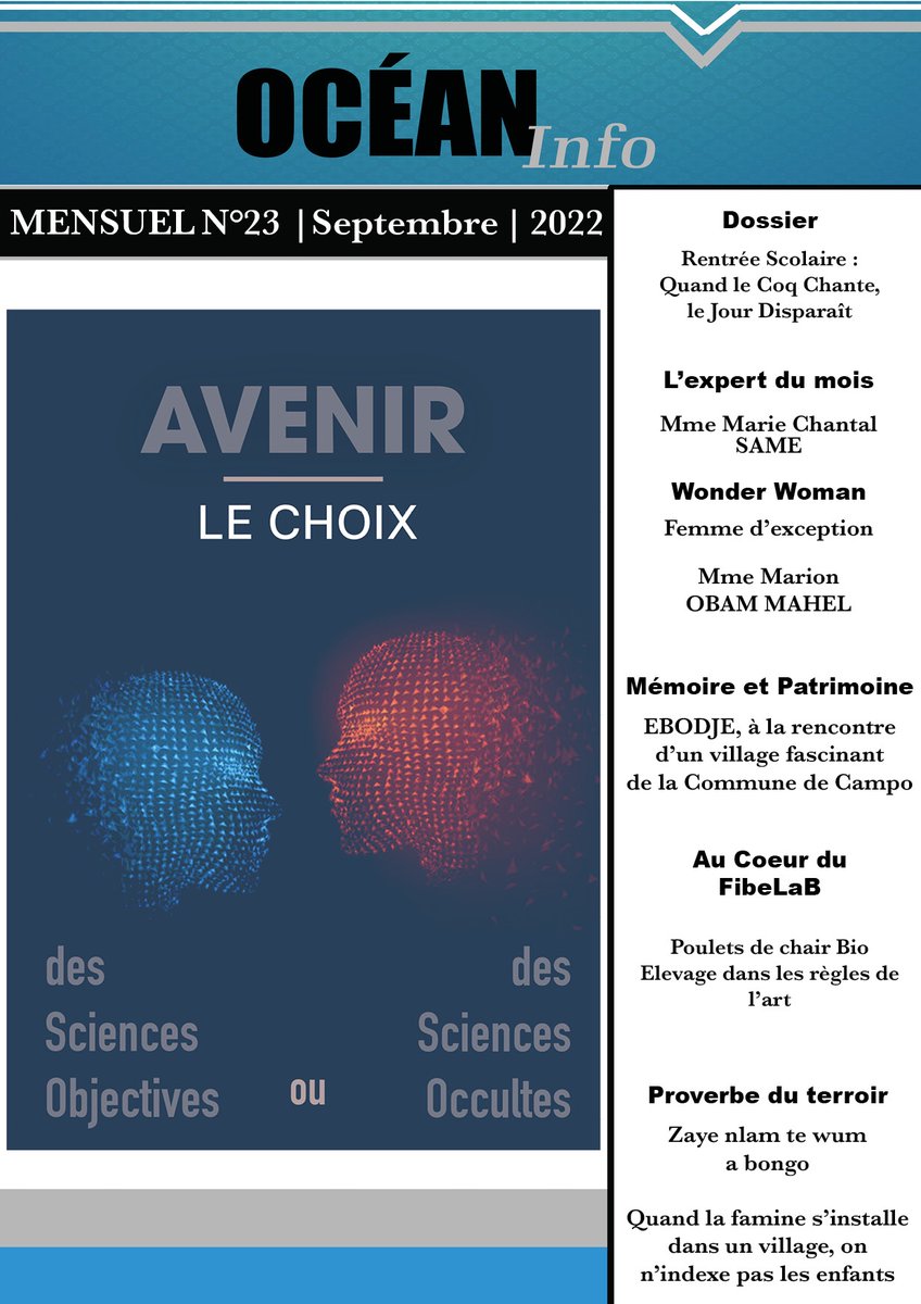 RadioCultureFm's tweet photo. Le magazine Océan Info du mois de Septembre 2022 est désormais disponible... Merci de réclamer votre copie ! 

#OceanInfo #magazine  #Cameroon #Cameroun #FIBE #Webzine #Kribi #Mvengue #Lolodorf #Akom2 #Bipindi #Lokoundje #Campo #Niété https://t.co/R6hluZ1sga