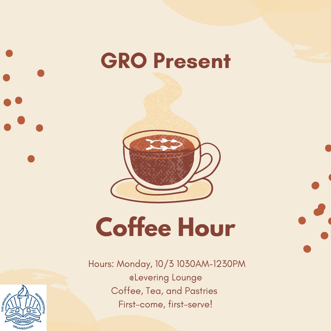 jhugro's tweet photo. Coffee hour is coming again on this coming Monday(10/3) come enjoy free coffee, tea, and pastries at Levering Lounge. First-come and first-serve! https://t.co/Wp1o2SFE7C