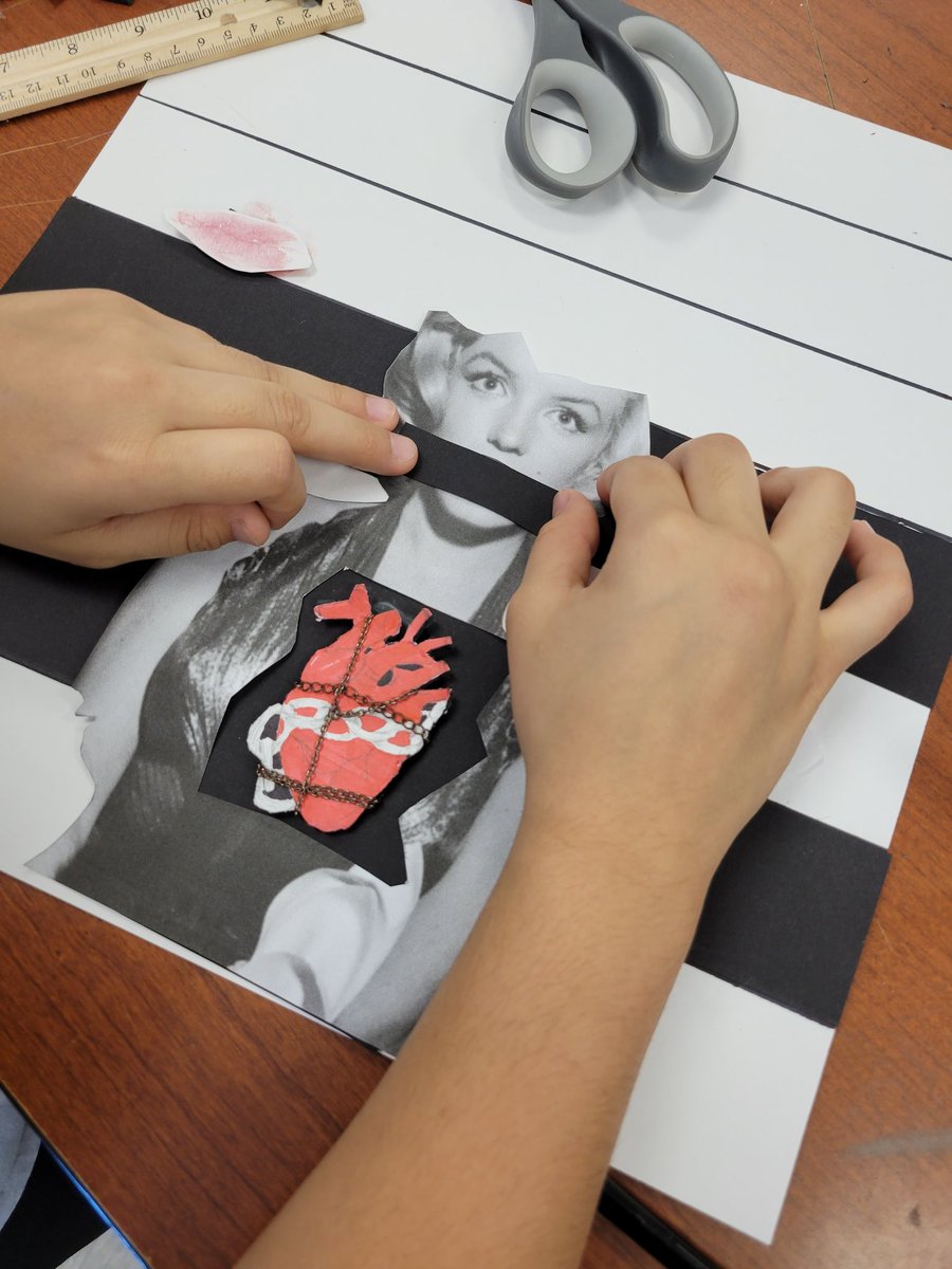 nrjhart's tweet photo. High School Art 1 hard at work with their Fragmented Faces! A famous face chosen at random and they're rebuilding their personalities using mix-media. Can't wait until the finished product! #ALLIN https://t.co/yNAxmURrjw