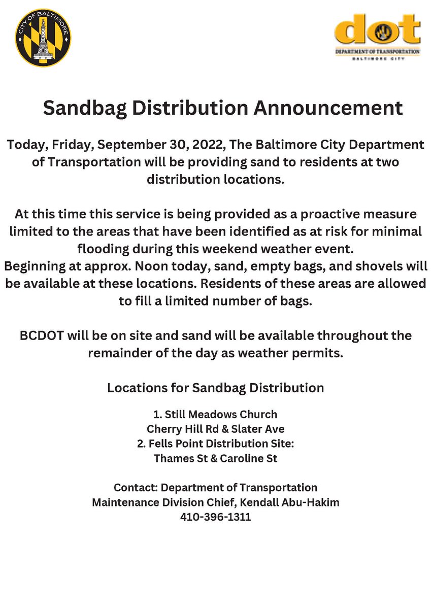 PHRenaissance's tweet photo. Free Sandbag Distribution Today! Beginning at Noon today, sand, empty bags, and shovels will be available at

1. Still Meadows Church
Cherry Hill Rd &amp; Slater Ave
2. Fells Point Distribution Site:
Thames St &amp; Caroline St
 - https://t.co/VNBuPSvzo1 https://t.co/1c6uWLdbAJ