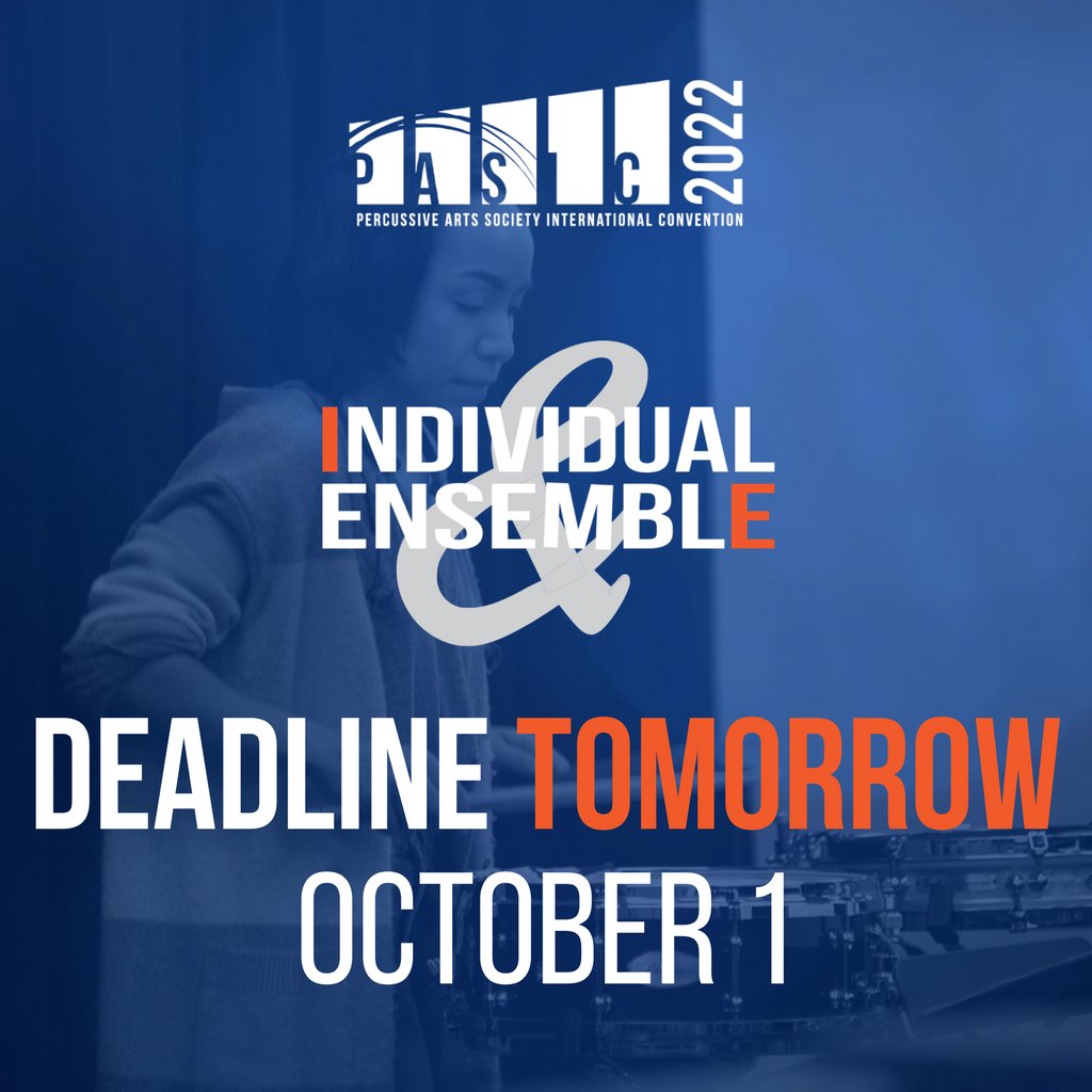 PercussiveArts's tweet photo. Deadline to enter the PASIC Individual &amp; Ensemble competition is TOMORROW, 10/1/22. Its a great opportunity to learn to be a better performer, meet other percussionists, and get invaluable feedback from top-notch judges. https://t.co/mPwH5oMyHb #percussionist #PASIC2022 https://t.co/EKcd2zCPbg