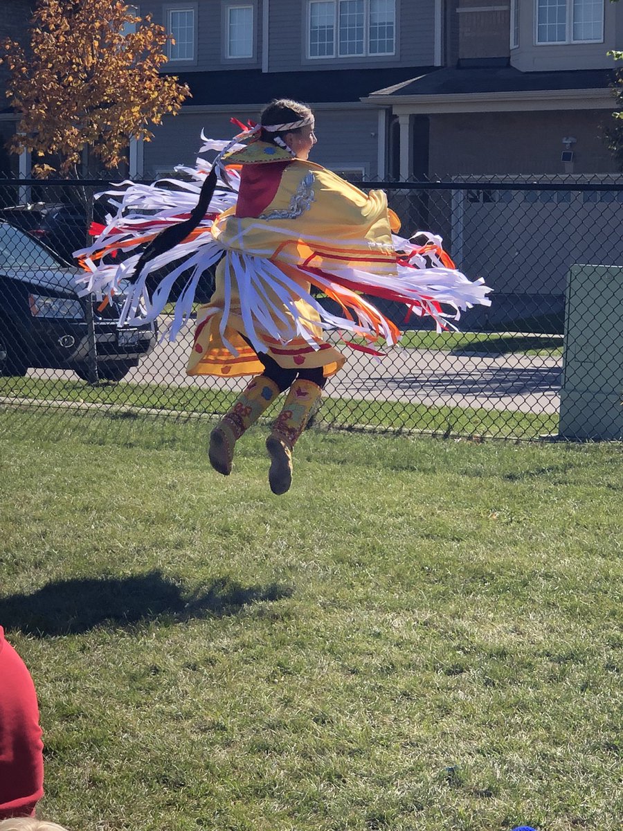 wggriffins's tweet photo. Thanks to Bella and her mom for enriching our day with a talk about residential schools, Truth &amp; Reconciliation, &amp; orange shirt day. Bella shared the traditional fancy shawl dance, the sneak-up dance, &amp; a whole group round dance #GEDSB #wellbeing #belonging #indigenousEDGE https://t.co/x9lf3pAgyS