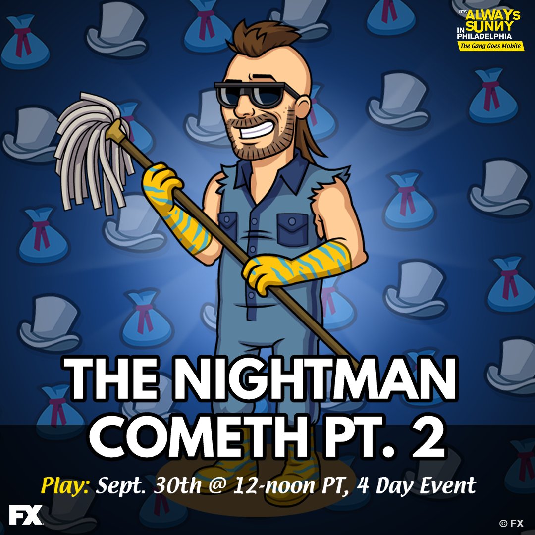 AlwaysSunnyGame's tweet image. The Gang's musical is ready for the stage, but is the audience ready for "The Nightman Cometh?" Play in this 4-day event to unlock Mr. Janitor Charlie! 👀