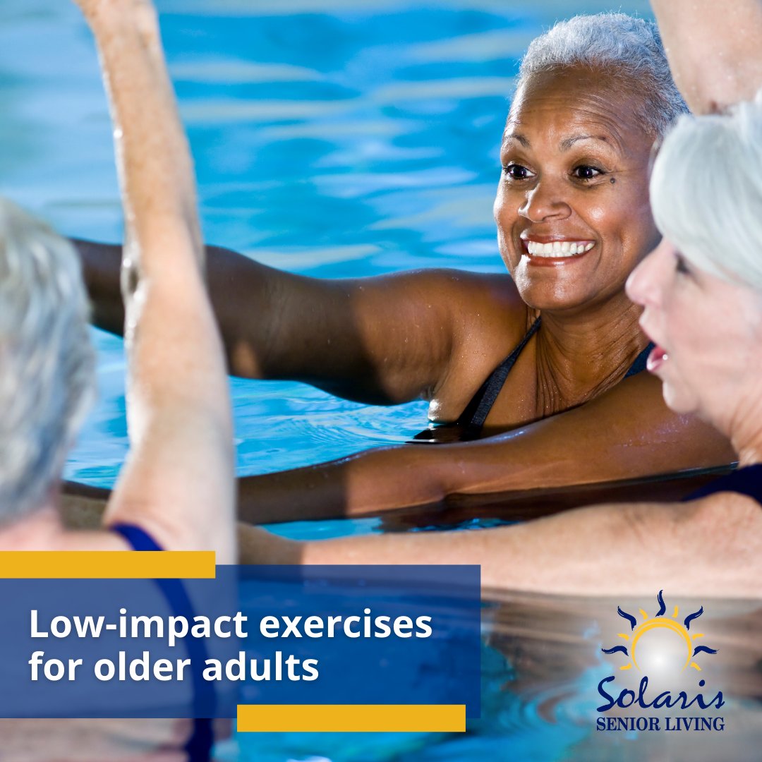 SolarisVero's tweet image. Looking for some new exercises that are low-impact, but proven to help older adults? Try these exercises: 
1) Water Aerobics 
2) Chair Yoga 
3) Pilates (mermaid movement, side circles, step ups) 
4) Dumbbell Training (bicep curl, overhead press, front raise) 
#lowimpactexercises