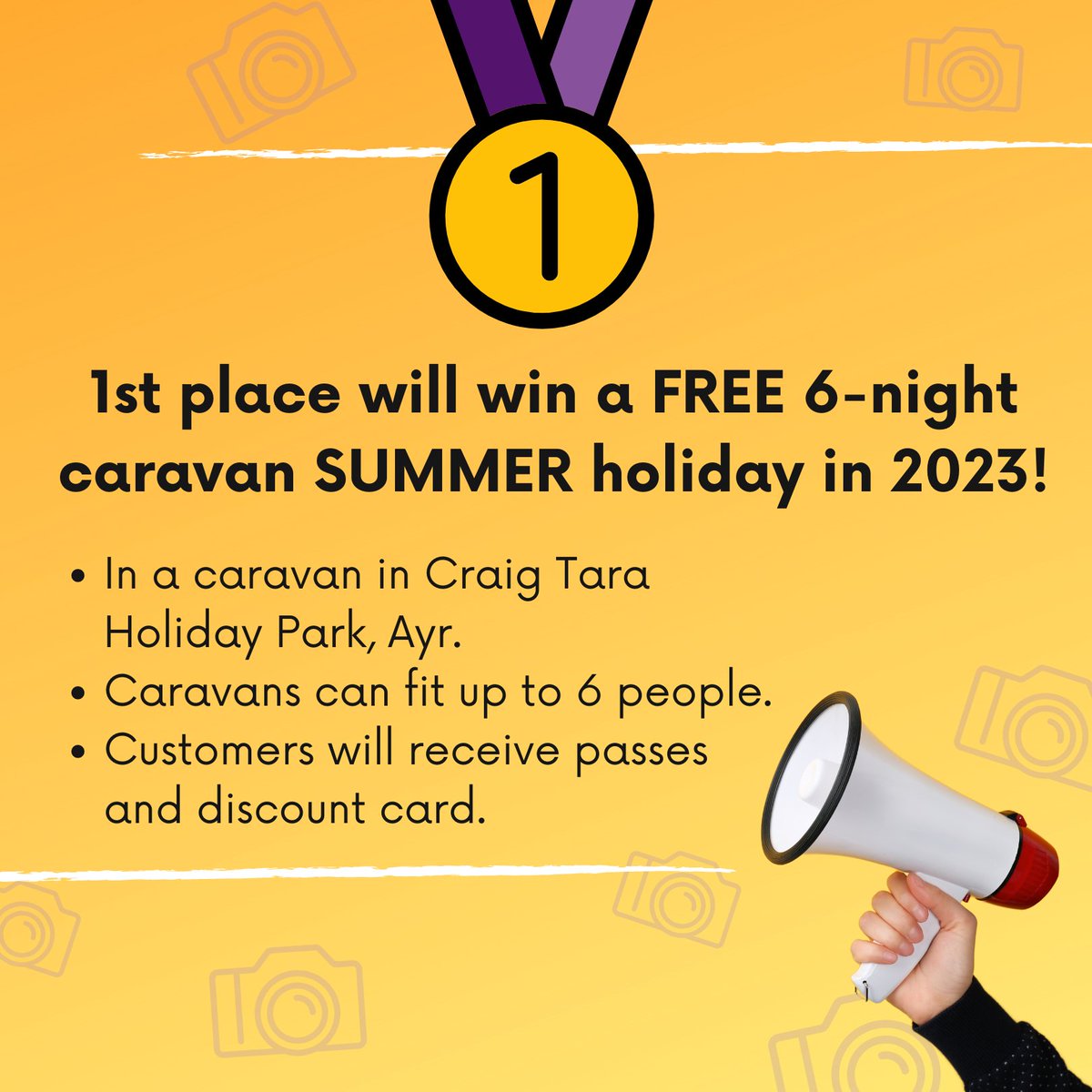 CaravanProject's tweet image. Re-post 📣  2022 PHOTO COMPETITION

🌟1ST: FREE 6-night SUMMER holiday at our caravan in 2023.
🌟2ND: All expenses paid Big Day Out in Glasgow.

Customers can send photos to office@caravanproject.co.uk with the heading "Photo competition" to enter the competition!✨