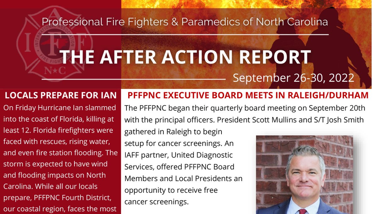 The PFFPNC e-newsletter for Sept. 26-30 is now posted and includes a recap of the PFFPNC Executive Board's most recent quarterly meeting in Raleigh and Durham. Also, a report on how Locals are preparing as Hurricane Ian approaches.

READ: pffpnc.org/newsletters/