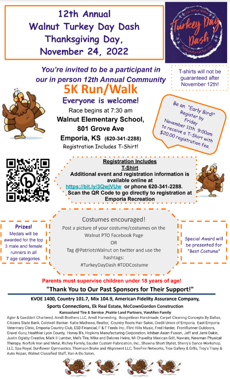 PatriotsWalnut's tweet photo. Sign up for the Walnut Turkey Day Dash!!! November 24th at 7:30 am! Come support Walnut and run/ walk a 5k! Below is the registration form/ link! https://t.co/qV12xdpPlC