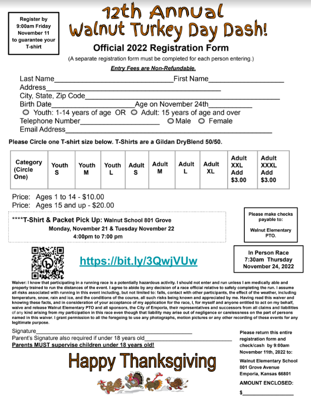 PatriotsWalnut's tweet photo. Sign up for the Walnut Turkey Day Dash!!! November 24th at 7:30 am! Come support Walnut and run/ walk a 5k! Below is the registration form/ link! https://t.co/qV12xdpPlC