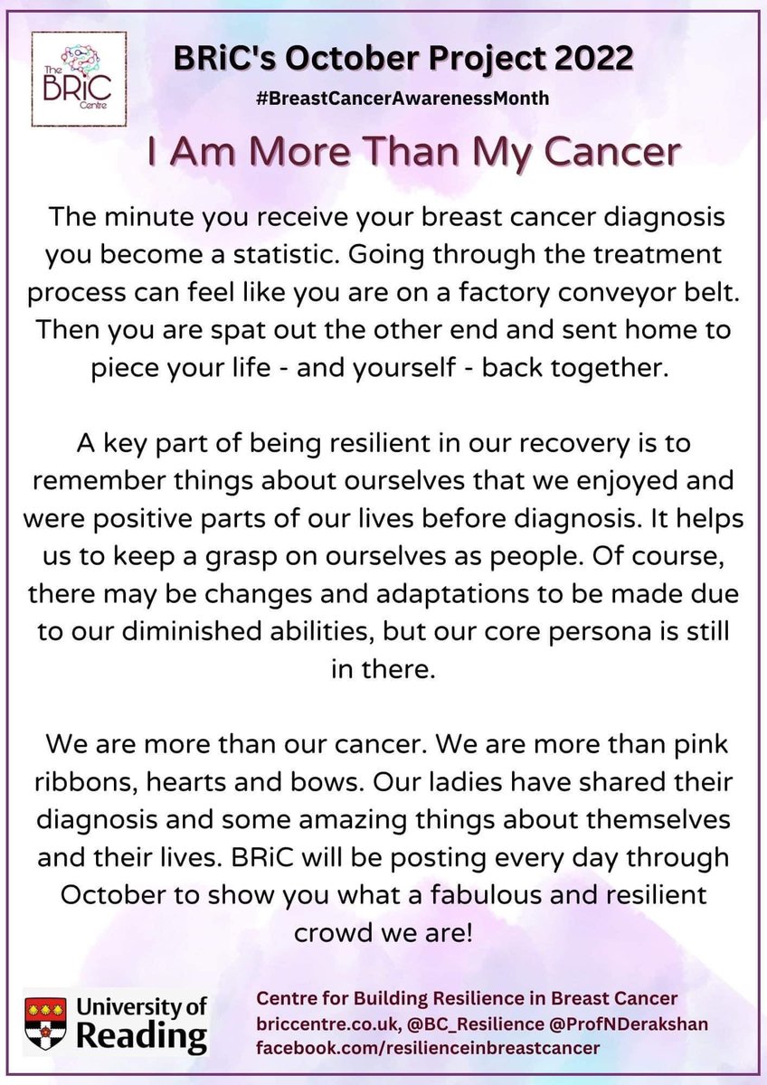 Throughout October BRiC will be showcasing it’s members resiliency, their inspirations and some amazing examples of how they are more than their cancer. 👇🏻#BreastCancerAwarenessMonth #breastcancer #secondarybreastcancer #resilience #mentalhealth #cancer