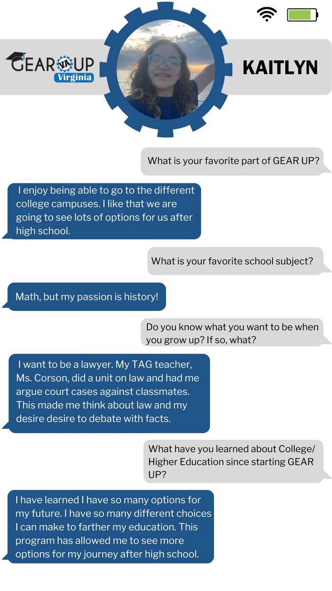 There is no better way to celebrate #GUWeek than to hear from one of our own GEAR UP Virginia (GUV) students! Check out what Kaitlyn had to say about her experience in GUV. #GEARUPworks #iheartgearup