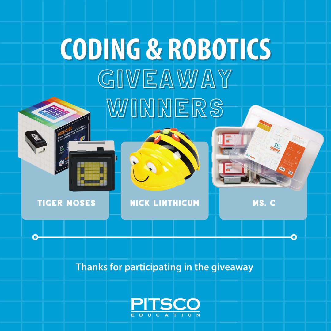 pitscoed's tweet photo. W I N N E R 🎉 W I N N E R 

Congrats to each of these educators for gaining a NEW #coding item to teach students the skills of the future. 🤩 We can't wait to see how you make coding come to life. 

Want to see more #HandsOnTech?
👉 https://t.co/oOADtETKhH https://t.co/dyvT1tUu43