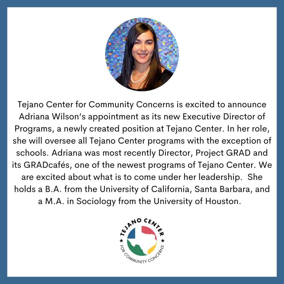 The entire GRAD team congratulates Adriana in her new role, overseeing Tejano Center programs which includes <a href="/GRADcafe1/">GRADcafé</a> by <a href="/PGRADHouston/">Project GRAD Houston</a> . Adriana was instrumental in our transition into the Tejano Center family a year ago and overseeing our cafe expansion.