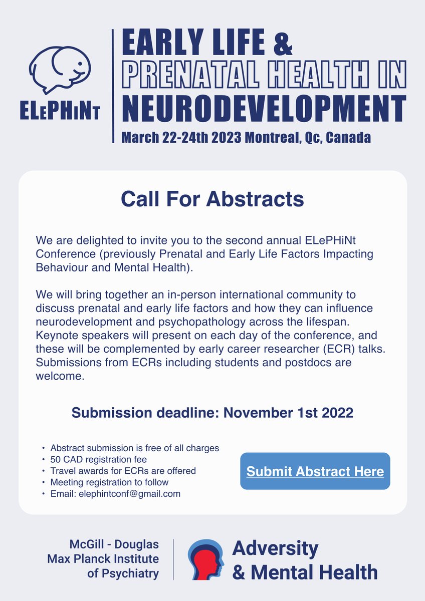 Abstract submission for ELePHiNt 2023 now open! Submit your abstract here: tinyurl.com/elephint Deadline: 1st November 2022, DM us for more information #AcademicChatter #neurotwitter