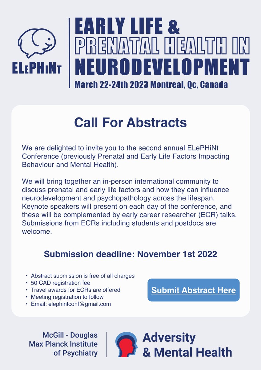 ELePHiNt_conf's tweet photo. Abstract submission for ELePHiNt 2023 now open! Submit your abstract here: https://t.co/WWj3tyh4gM Deadline: 1st November 2022, DM us for more information #AcademicChatter #neurotwitter https://t.co/2RKxKF1BcN