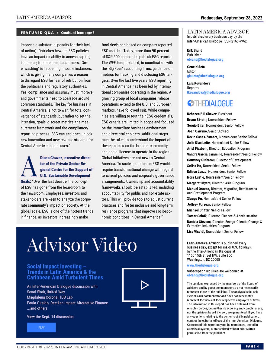 Thanks <a href="/The_Dialogue/">The Inter-American Dialogue</a>  daily LAAdvisor for the invitation to comment on <a href="/wef/">World Economic Forum</a> ESG #emergingmarkets: Global initiatives are not new to Central America: to scale up #ESG action  requires transformational change with regard to current policies &amp; corporate governance arrangements.