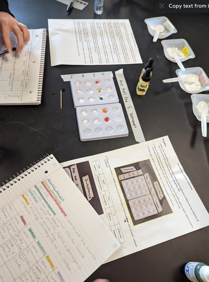 Rklick14's tweet photo. PBS Ss working as forensic chemists- presumptive testing the unknown pill from the Anna Garcia crime scene.#futureforensicscientists @PLTWorg @SHS_HealthSci @ShakopeeSchools @WardsScience https://t.co/23f48GprYw