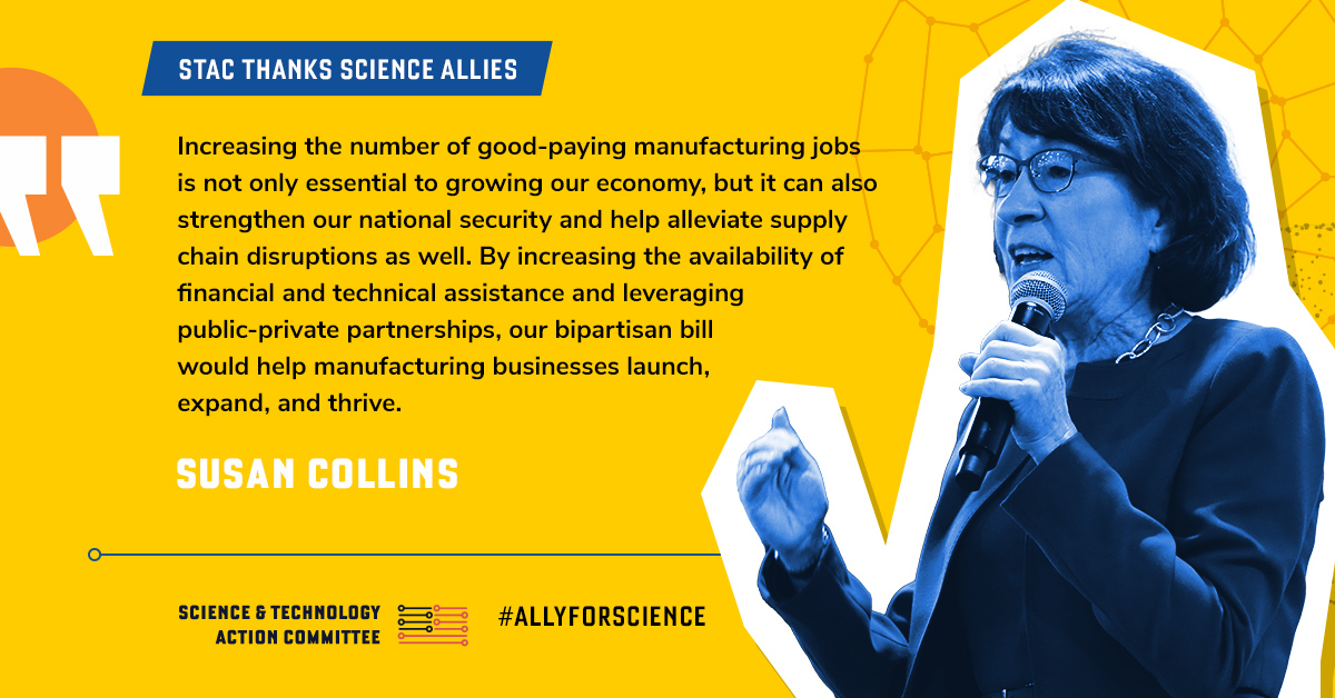 SciTechAction's tweet photo. Thank you @SenateApprops Ranking Member @SenatorCollins for supporting the CHIPS &amp; Science Act. This critical legislation will strengthen U.S. competitiveness &amp; promote partnerships across key sectors. Now let’s get the bills funded! #AllyForScience https://t.co/9slfUd1t0u https://t.co/Xnlwj0qTEc