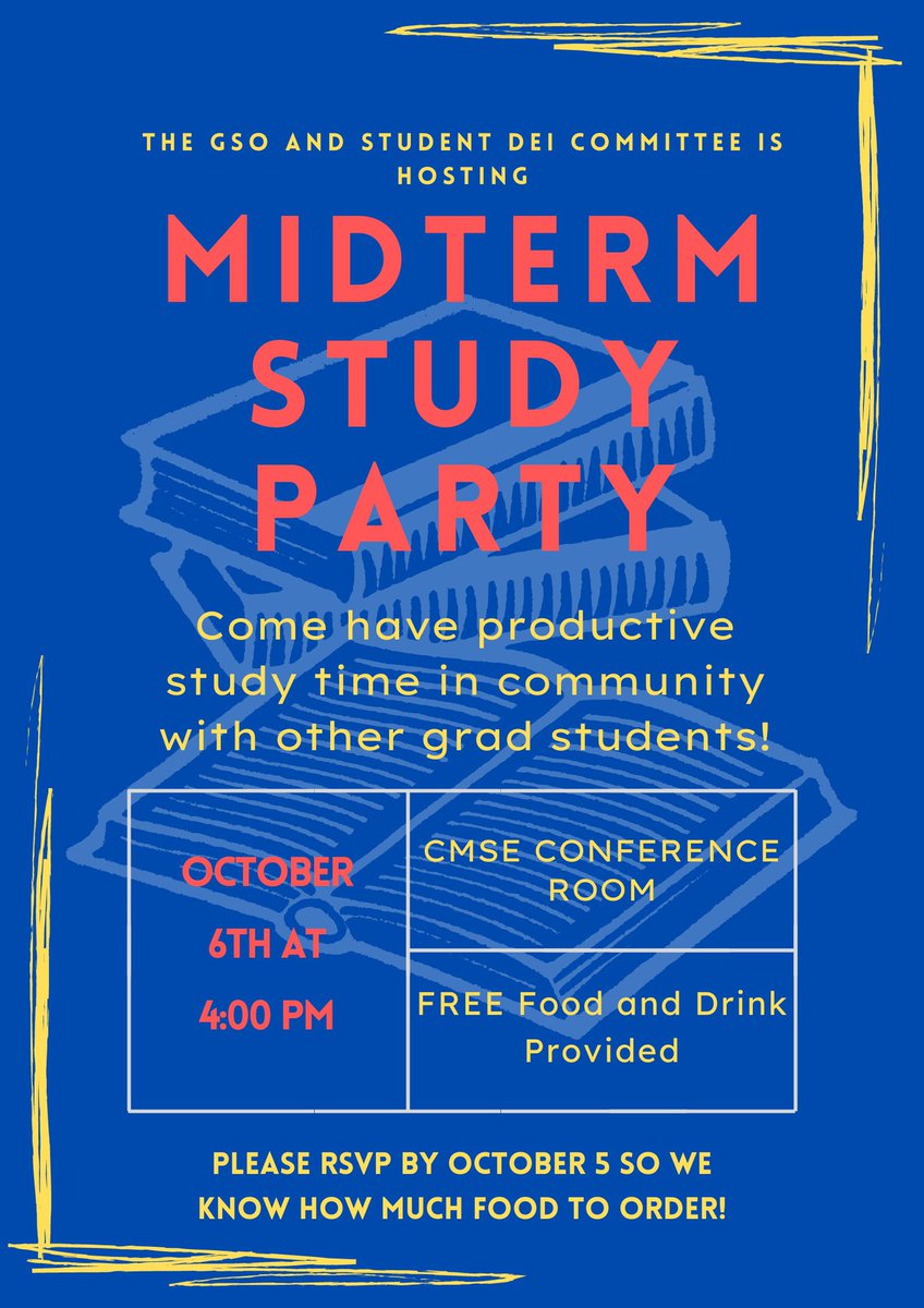 Our first event of the academic year is happening next week!CMSE Grads, please fill out the form in the comments so we know how much food to order and can accommodate any of your dietary needs. Spread the word and hope to see you!