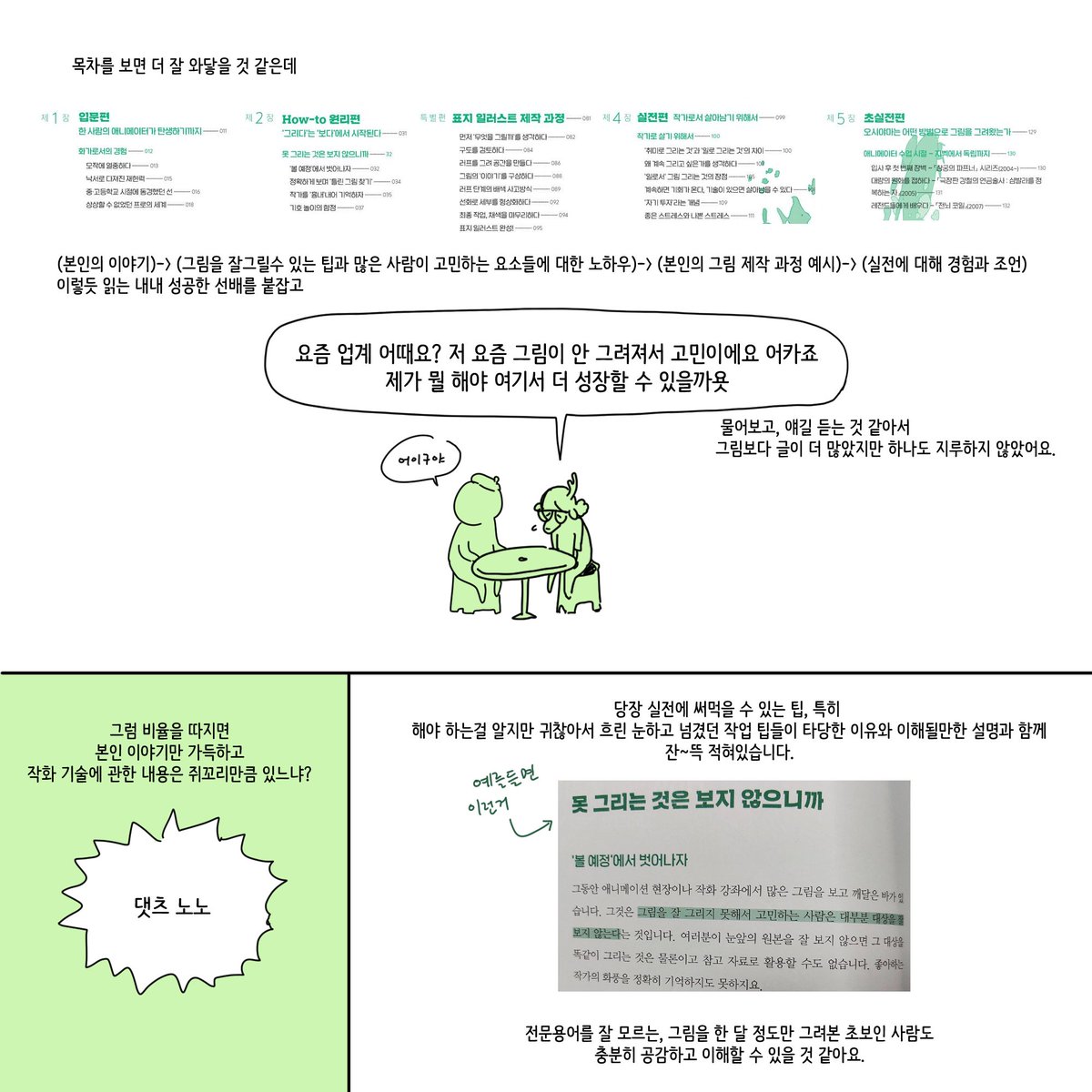 그림을 잘 그리려면
오래, 그리고 많이 그려야 하는 건 알겠는데
이걸 실행에 옮기려면
어떤 사고방식을 가져야 할 수 있는 거지?🤔
하고 고민하는 거기 바로 당신!!!
해답을 찾기 위한 참고 도서로 강력 추천해요!
✨<프로가 되기 위한 작화 기술>✨
🌻영진닷컴에서 제공받아 읽어보았습니다!