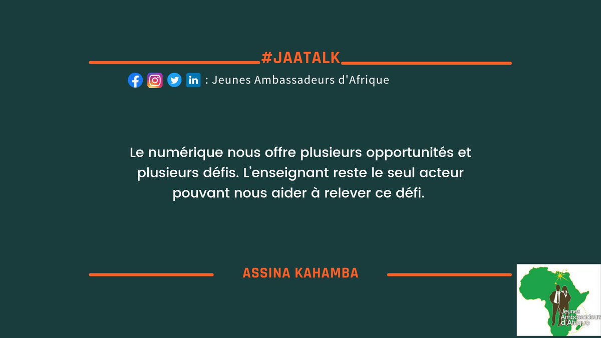 JeunesAmbassAfr's tweet photo. #BackToTheSpace
Pour vous, quelques pensées de nos intervenants @assimay et @ntetika dans notre #JAATALK sur l'éducation et le numérique.
Si vous l'avez manqué, nous vous invitons à réécouter l'enregistrement qui es dans notre tweet épinglé. N'hésitez à pas nous donner vos avis☺️ https://t.co/z1jNLbcDq8