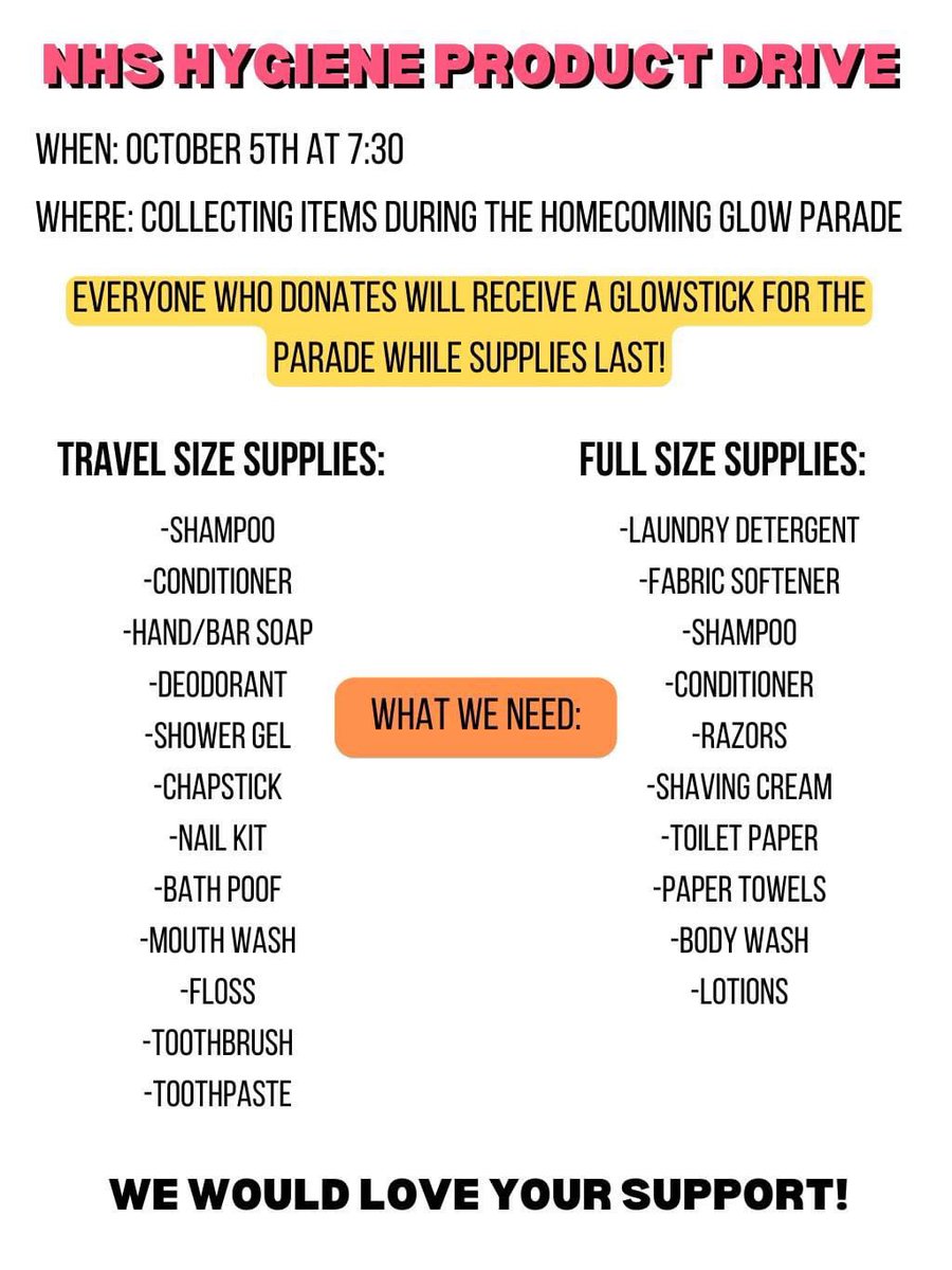 LJC6Butler's tweet photo. Next week the Lone Jack NHS is hosting a Hygiene Product Drive. There will someone at the admissions gate for all sports and activities next week. #LJCommUnity @LoneJackAD @LoneJackElem https://t.co/6ZSRSd4enC