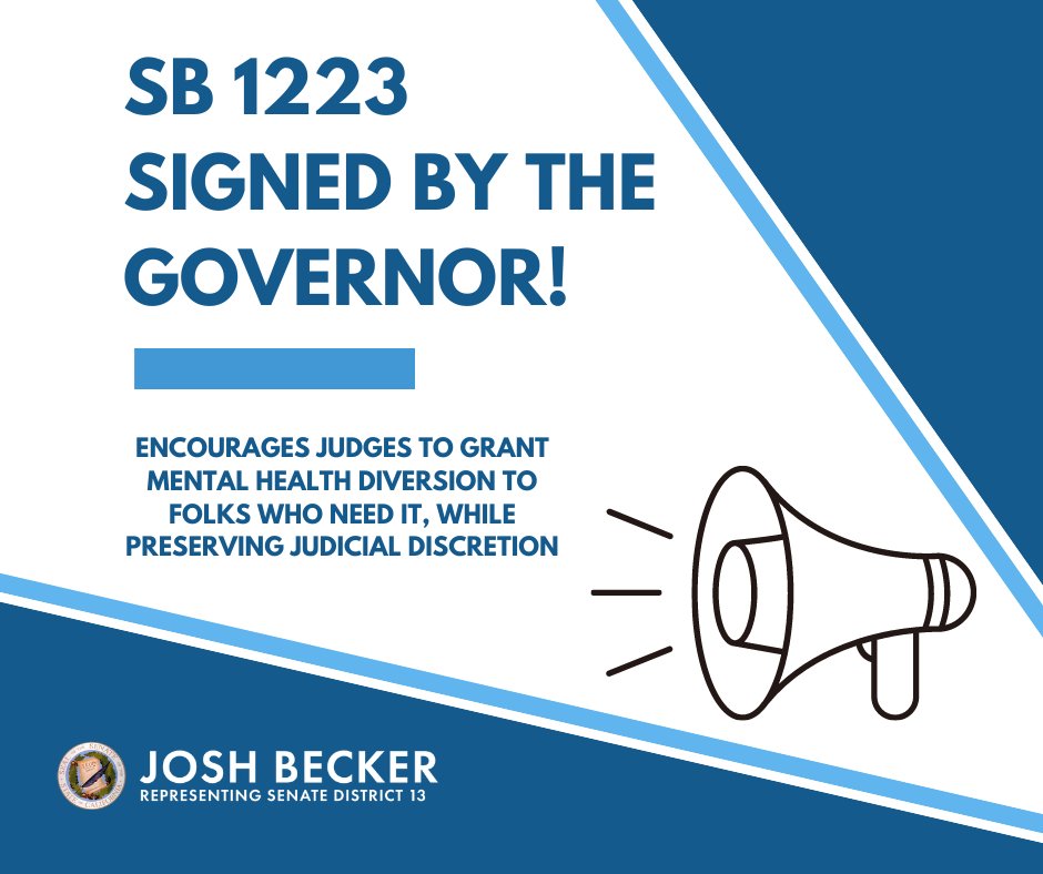 SenJoshBecker's tweet photo. County jails are no place for those suffering from #mentalhealth disorders. TY to @CAGovernor for signing my #SB1223 to encourage more judges to grant mental health diversion to folks who need it, while preserving judicial discretion. Data shows it works! @ACLU_NorCal https://t.co/TR6T74R4cx