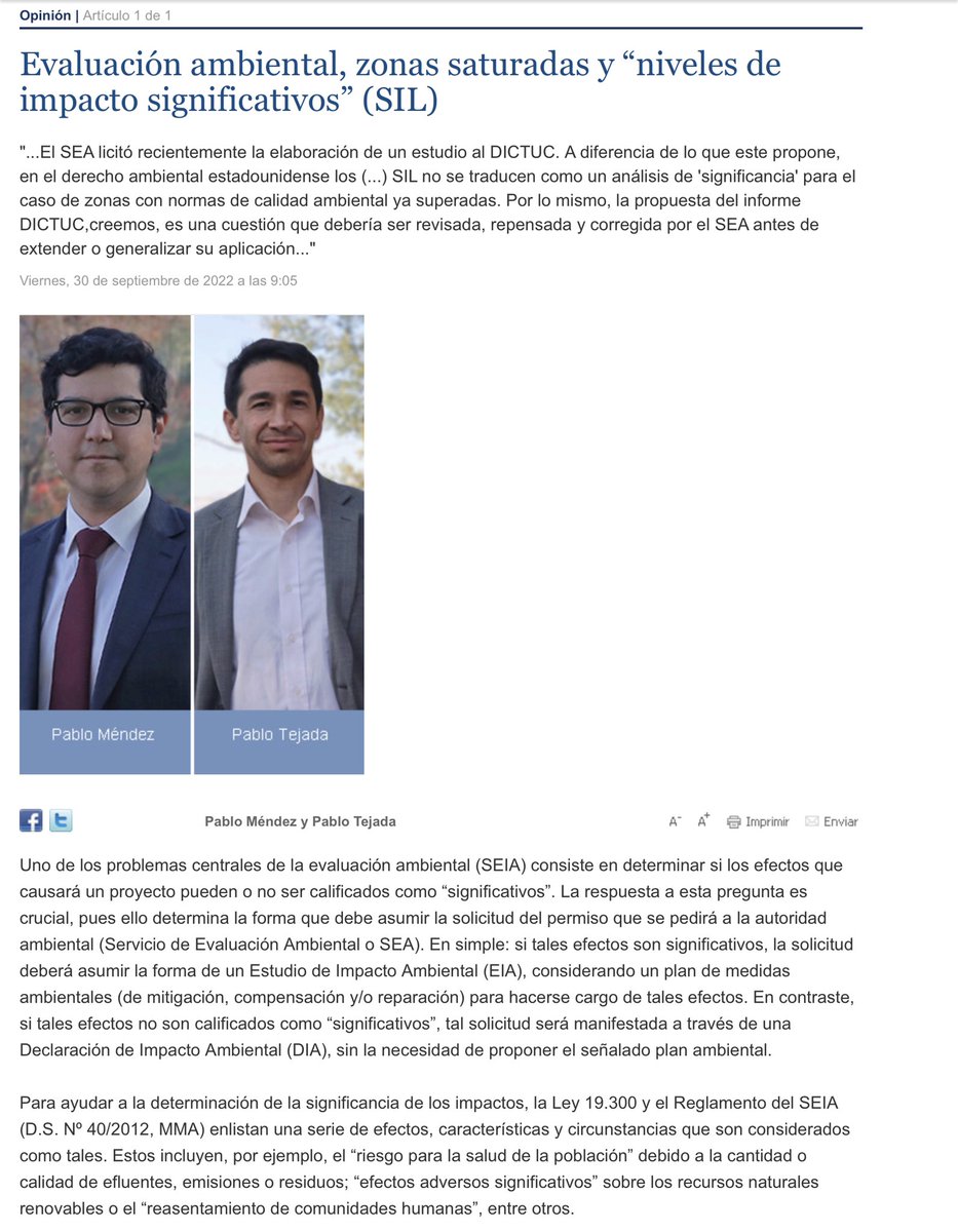 LLeguleya's tweet photo. Les comparto la opinión de los profesores @igmendezor y Pablo Tejada, publicada en el Mercurio Legal, titulado: “Evaluación ambiental, zonas saturadas y “niveles de impacto significativo” (SIL) https://t.co/GqFYfqmZGG