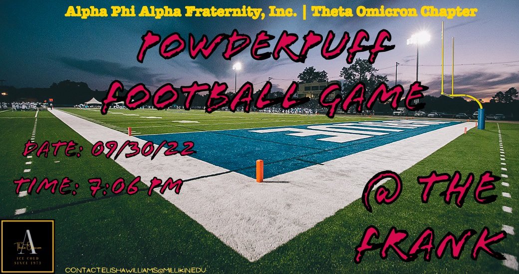 Finally to conclude our 2022 Fall Alpha Week GameDay has arrived!! Join us tonight on the Frank for the 2022 Powderpuff Football Game🥶. May the best team win 🤝🏿