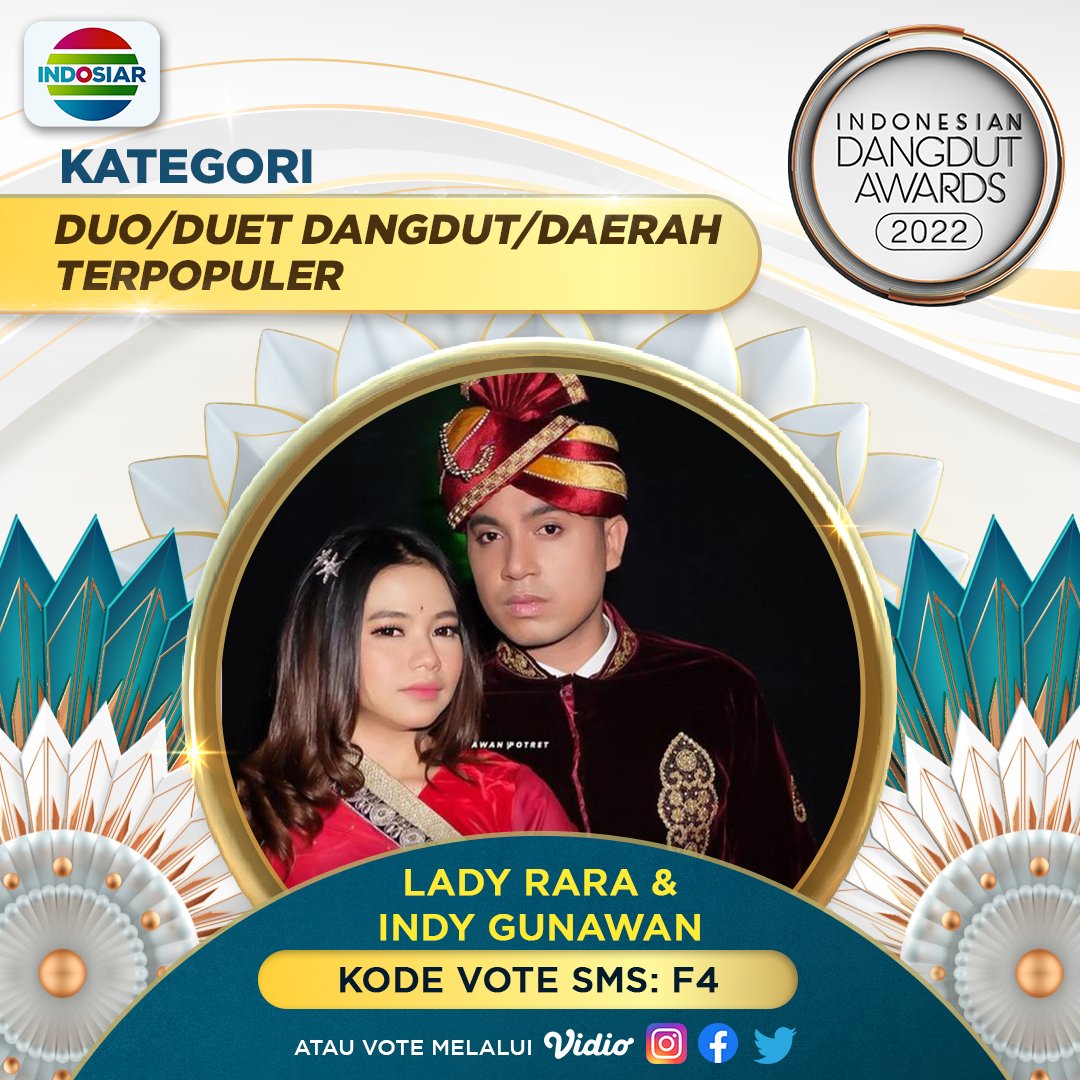Indosiar's tweet photo. Like postingan ini untuk dukung Lady Rara &amp; Indy Gunawan di kategori DUO/DUET DANGDUT/DAERAH TERPOPULER di #IndonesianDangdutAwards2022! Geser untuk cek syarat &amp; ketentuan, ya! 

#IndonesianDangdutAwards2022 #IDA2022 https://t.co/4Gh2ZMh3HF