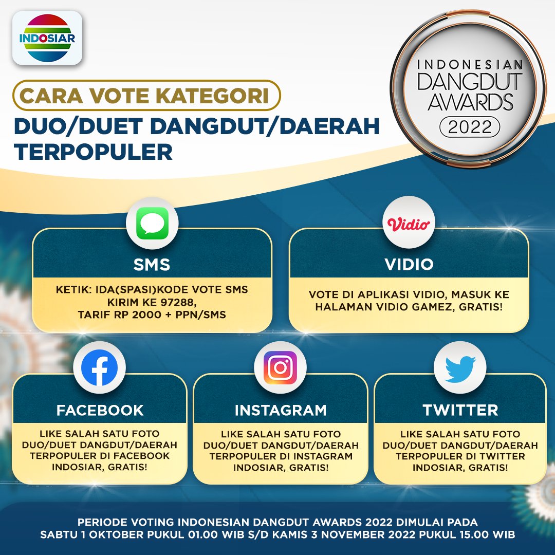 Indosiar's tweet photo. Like postingan ini untuk dukung Lady Rara &amp; Indy Gunawan di kategori DUO/DUET DANGDUT/DAERAH TERPOPULER di #IndonesianDangdutAwards2022! Geser untuk cek syarat &amp; ketentuan, ya! 

#IndonesianDangdutAwards2022 #IDA2022 https://t.co/4Gh2ZMh3HF
