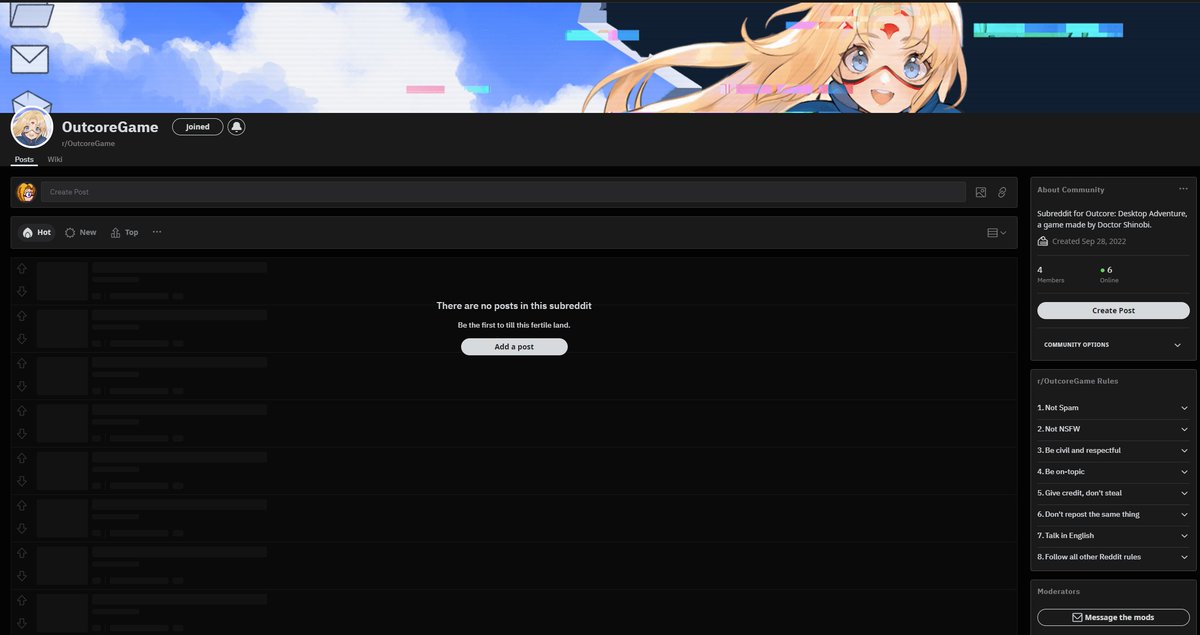 Outcore now has a subreddit, r/OutcoreGame!
It was created by 2 community members, <a href="/liorhaddad/">liorhaddad</a> &amp; <a href="/SpinotroniC/">SpinotroniC ★</a>

How about you go and post something? The link is in the comments